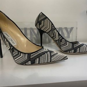 Jimmy Choo Black/White Geometric Print Woven Fabric Abel Pumps Size 38